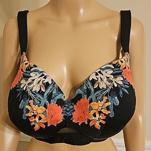Cacique Black Underwire Bra with Orange & Yellow Floral Embroidery